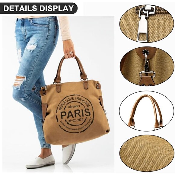 Large Canvas Tote Bag for Women Black Zipper Spacious Crossbody Handbag - Picture 3 of 6